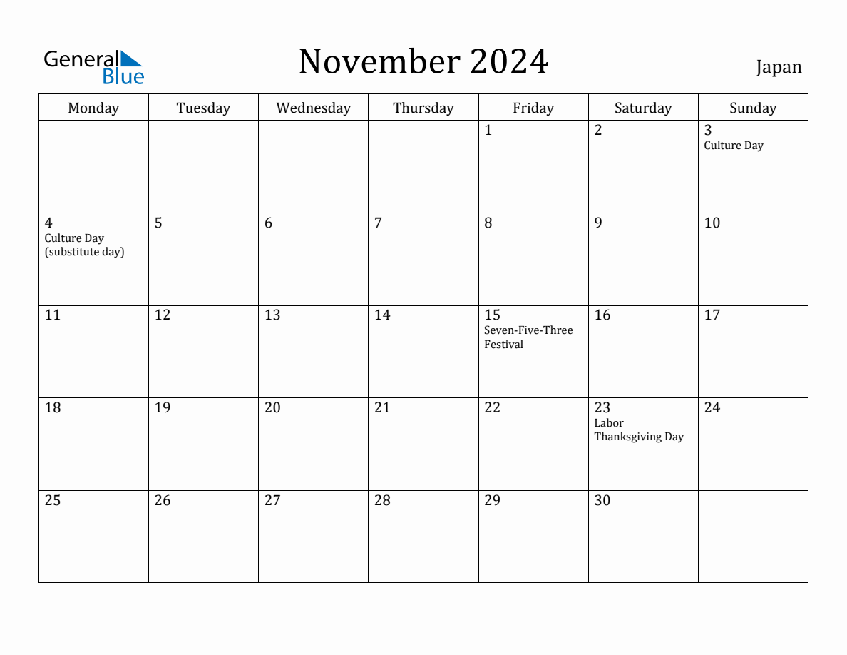 November 2024 Japan Monthly Calendar with Holidays