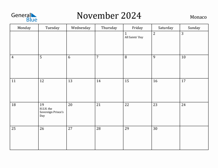 November 2024 Calendar Monaco