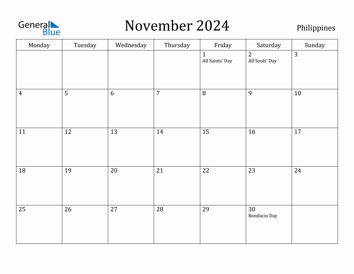 November 2024 Philippines Monthly Calendar with Holidays