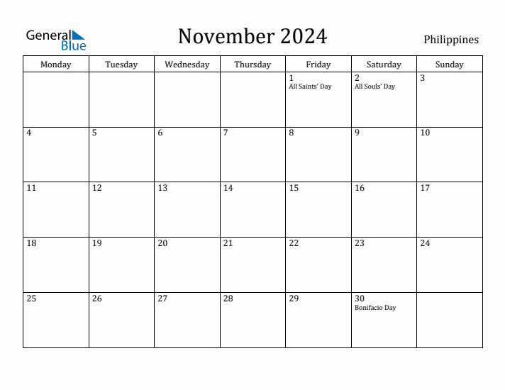 November 2024 Monthly Calendar with Philippines Holidays