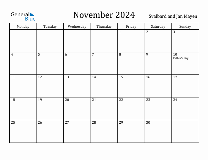 November 2024 Calendar Svalbard and Jan Mayen