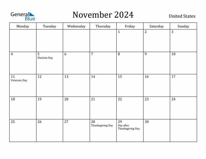 November 2024 Monthly Calendar with United States Holidays