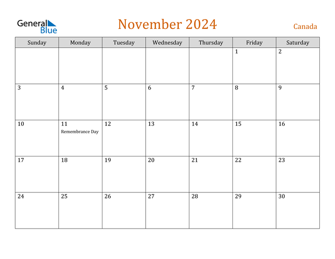 November 2024 Calendar with Canada Holidays