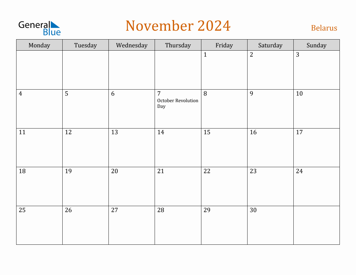 Free November 2024 Belarus Calendar