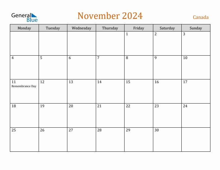 Free November 2024 Canada Calendar