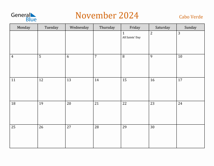 November 2024 Holiday Calendar with Monday Start