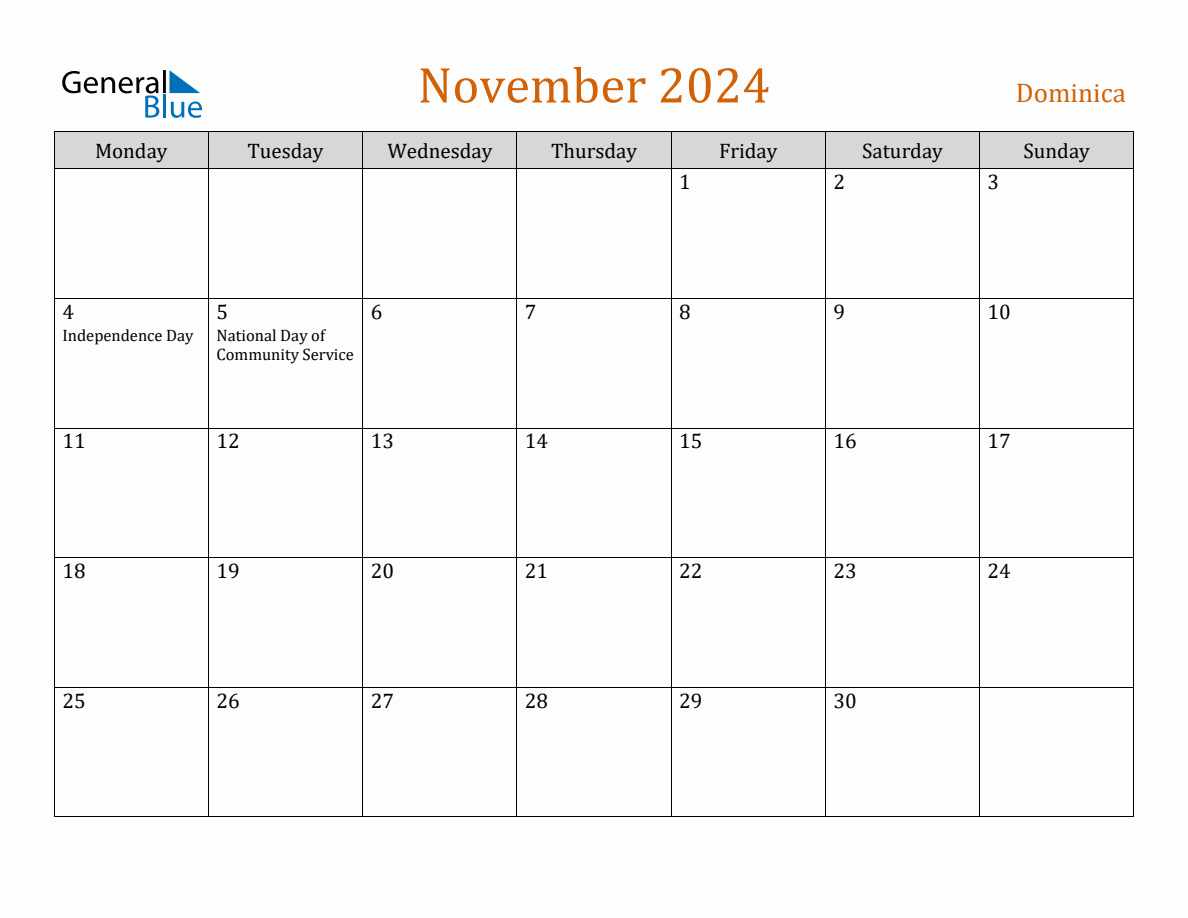 Free November 2024 Dominica Calendar