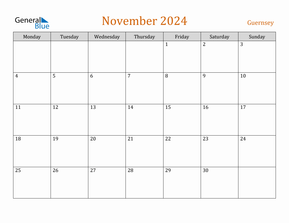 Free November 2024 Guernsey Calendar