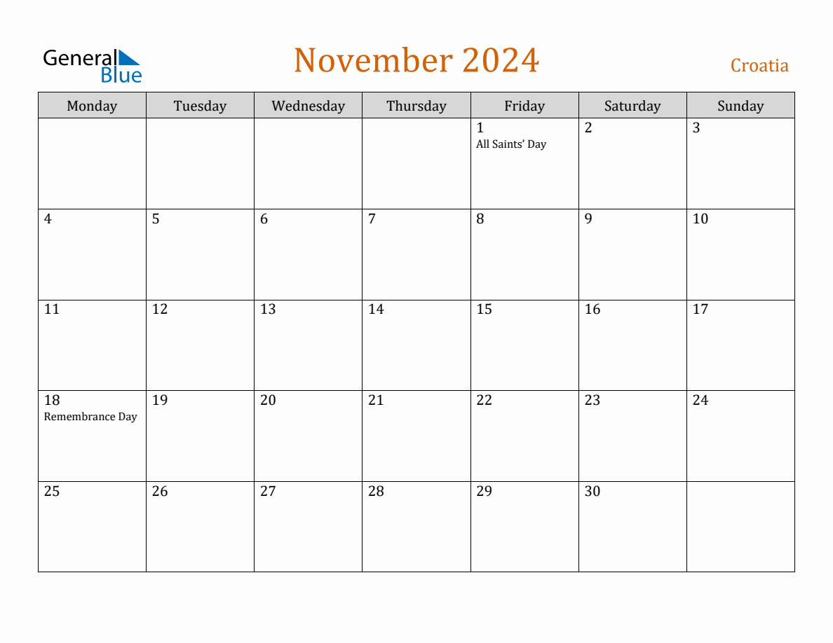 Free November 2024 Croatia Calendar