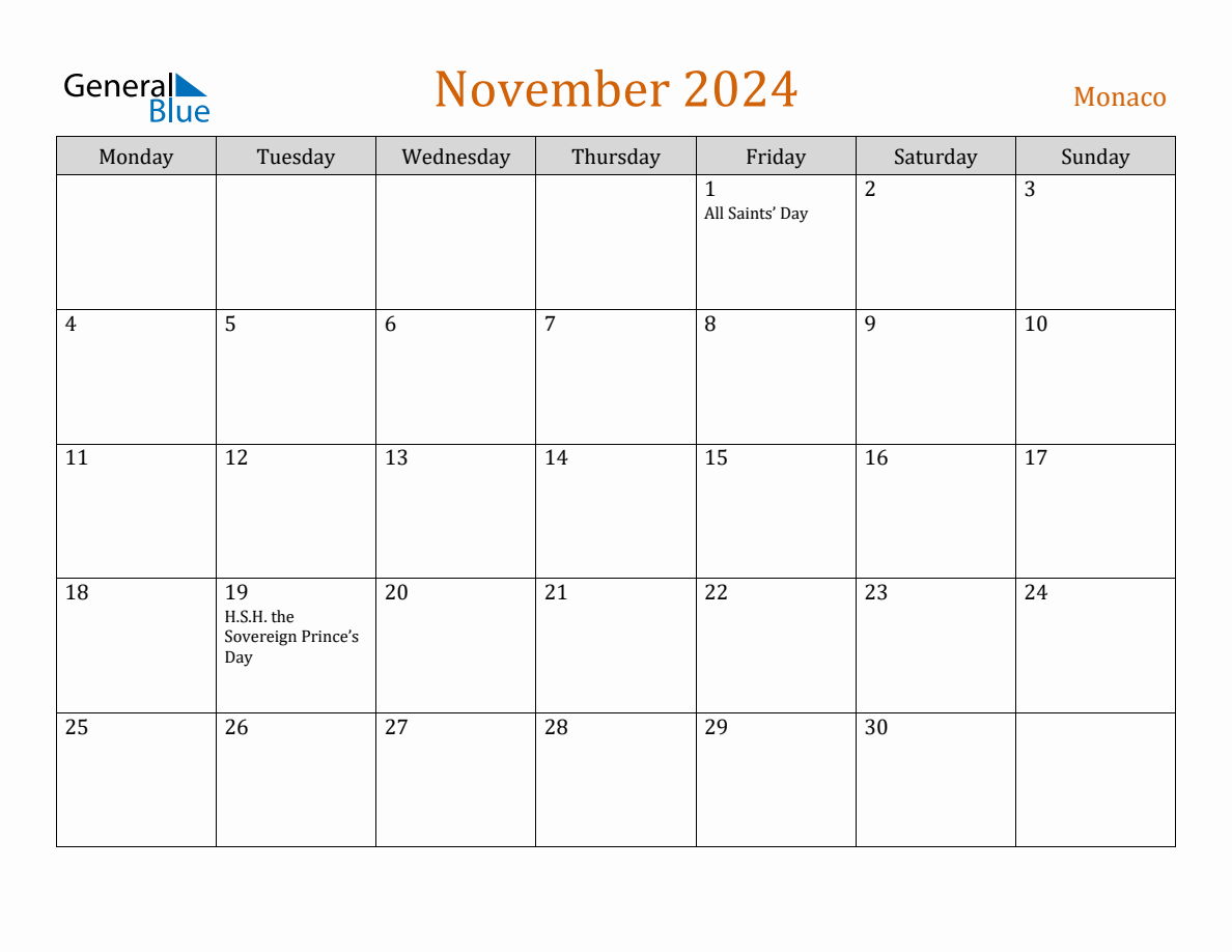 Free November 2024 Monaco Calendar