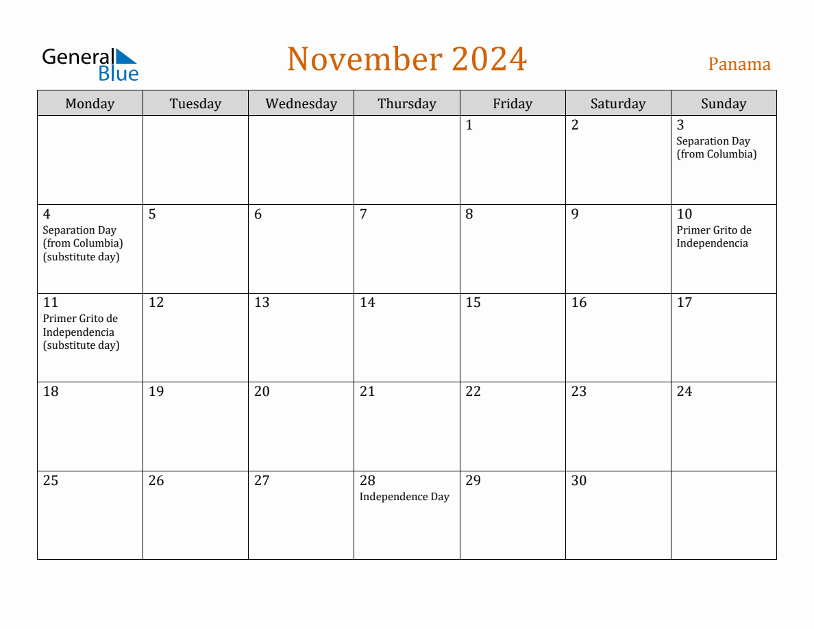 Free November 2024 Panama Calendar