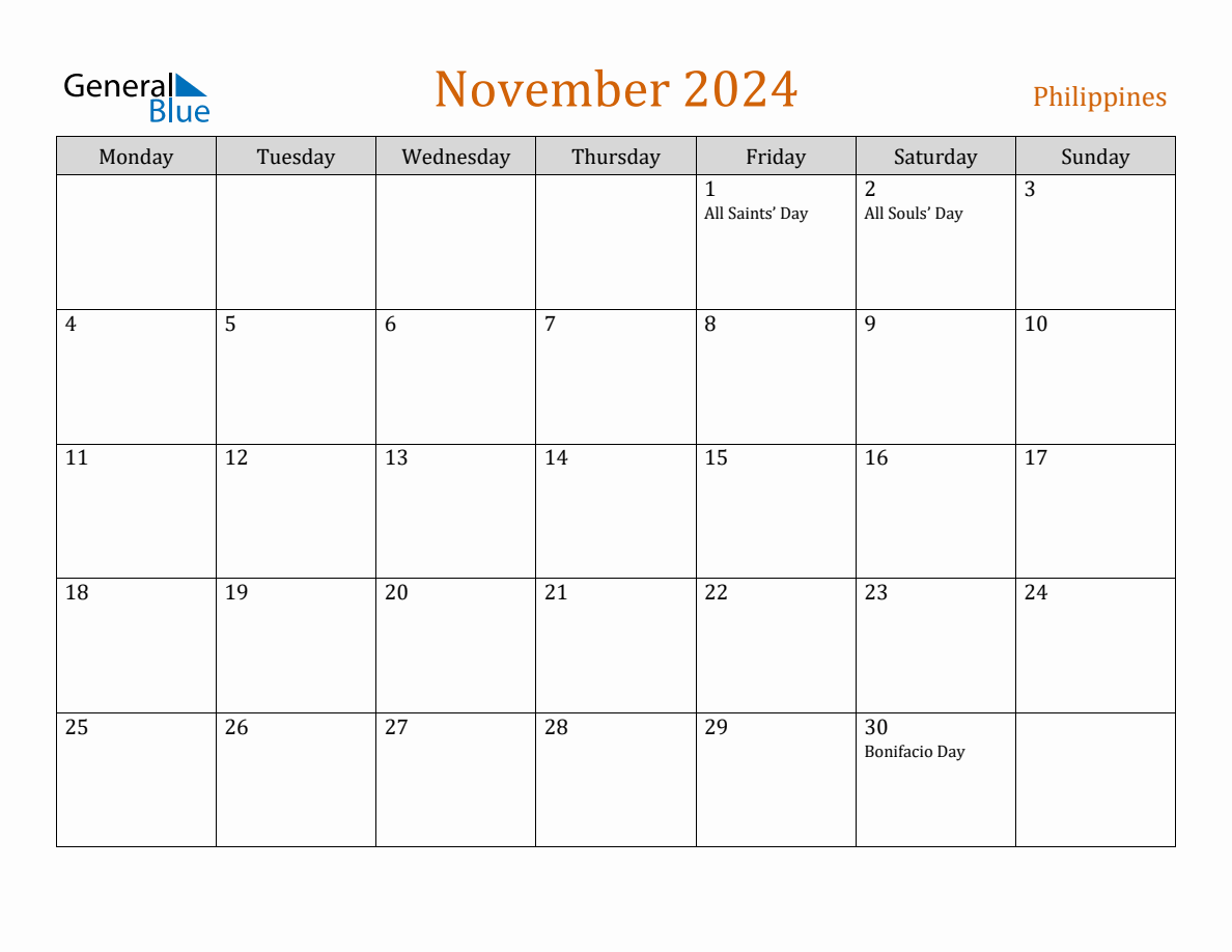 Free November 2024 Philippines Calendar
