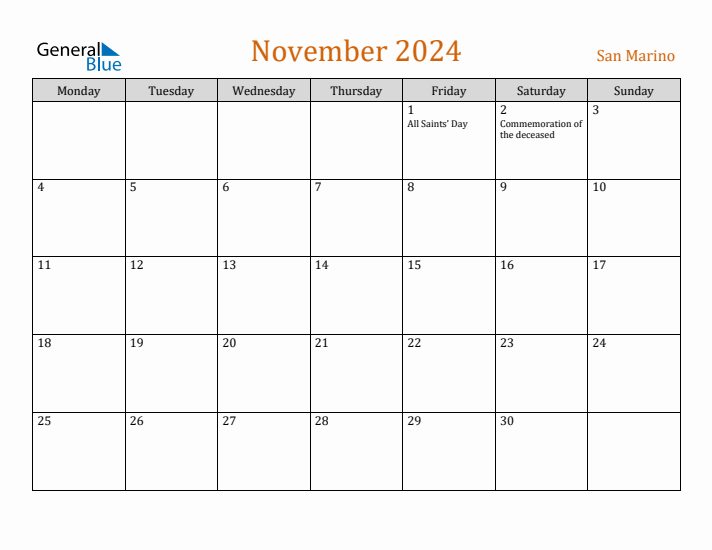 November 2024 San Marino Monthly Calendar with Holidays