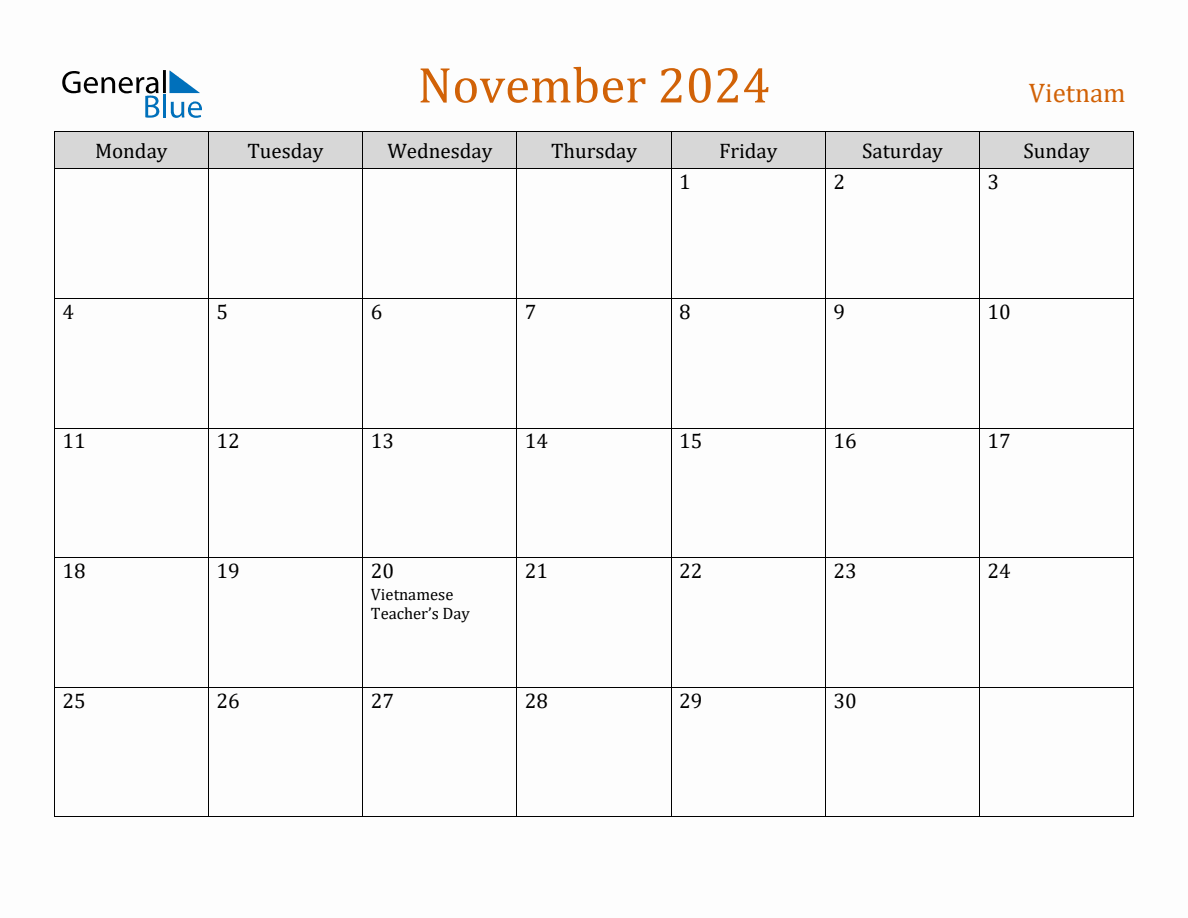 Free November 2024 Vietnam Calendar