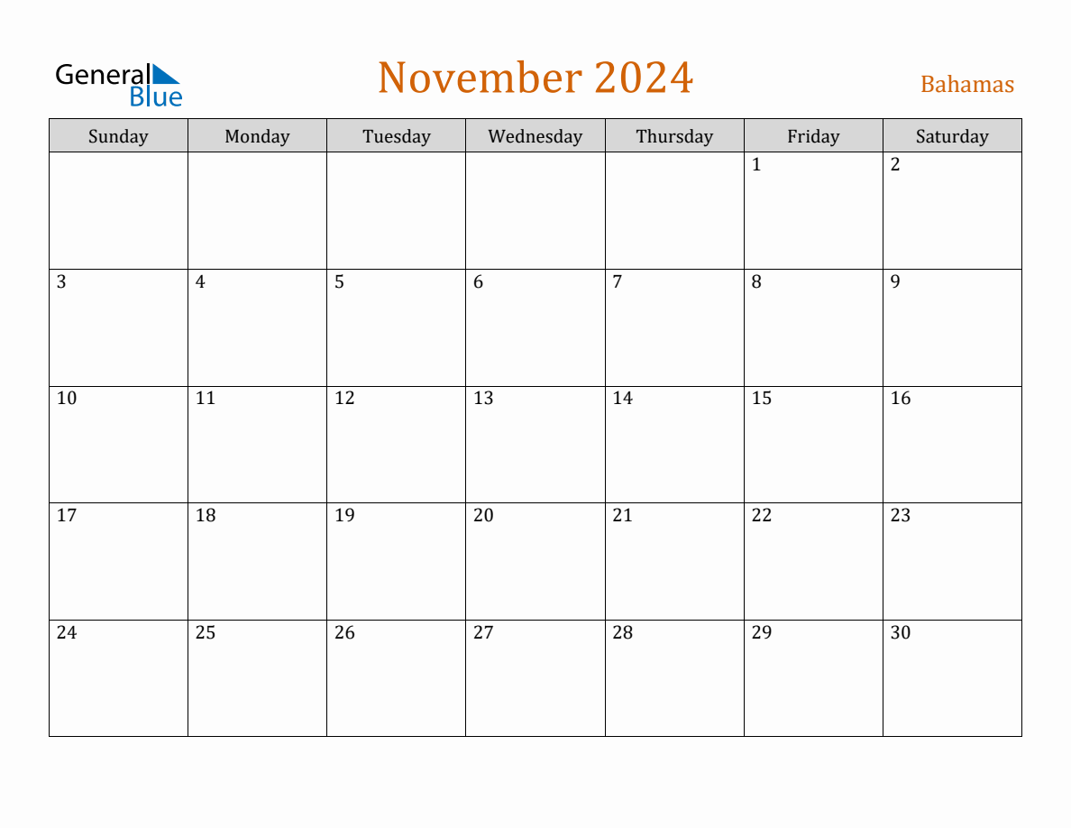 Free November 2024 Bahamas Calendar
