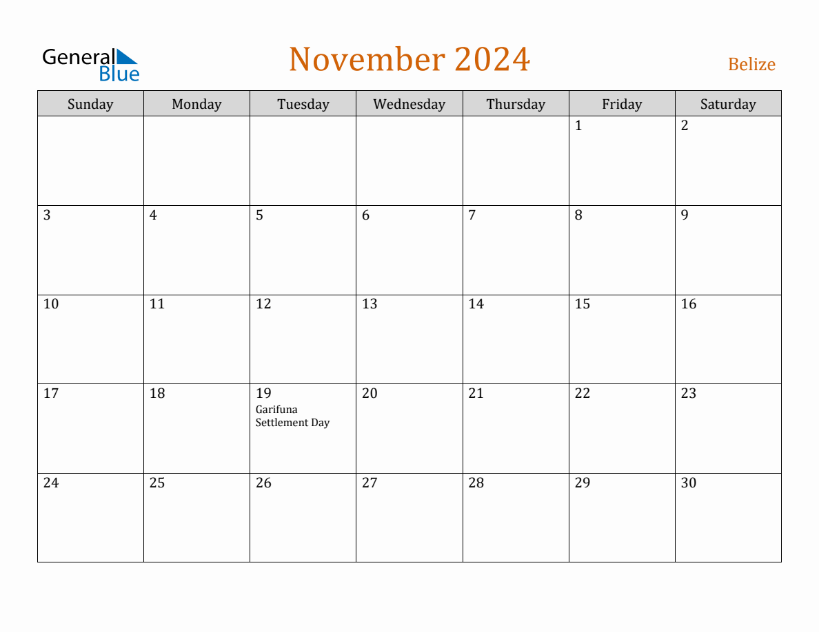 Free November 2024 Belize Calendar