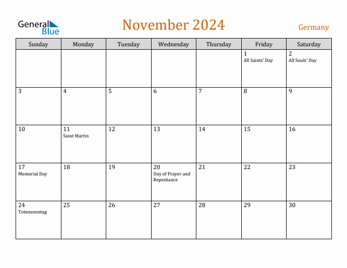 November 2024 Monthly Calendar with Germany Holidays