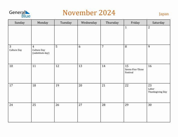 November 2024 Monthly Calendar with Japan Holidays