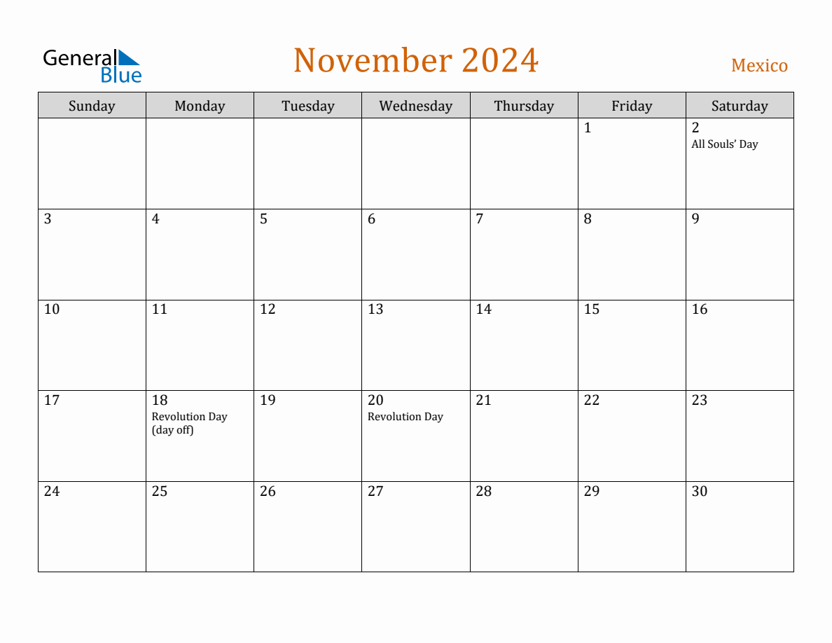 Free November 2024 Mexico Calendar
