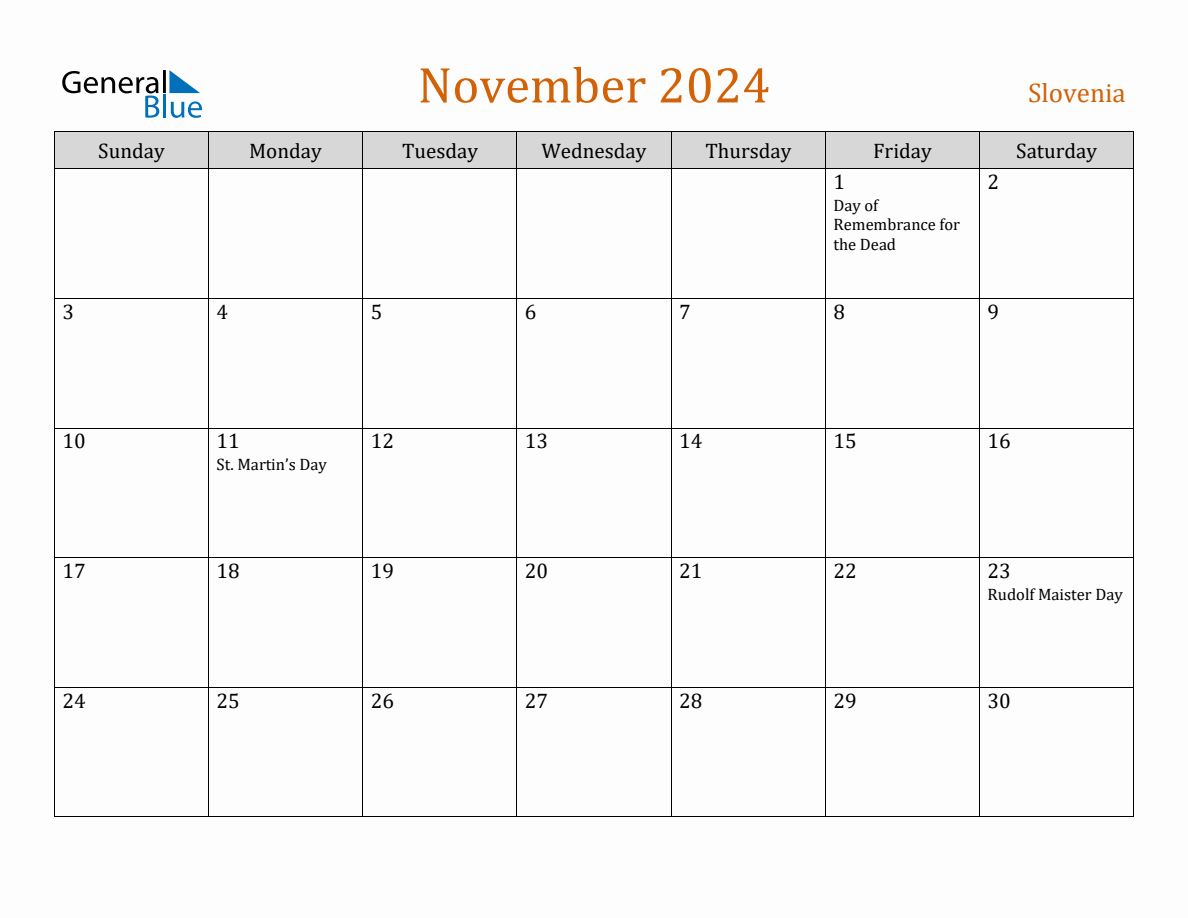 Free November 2024 Slovenia Calendar