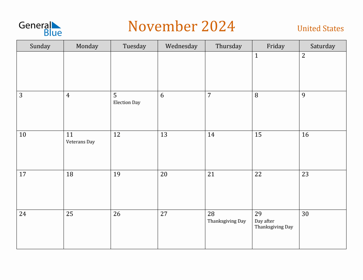 Free November 2024 United States Calendar