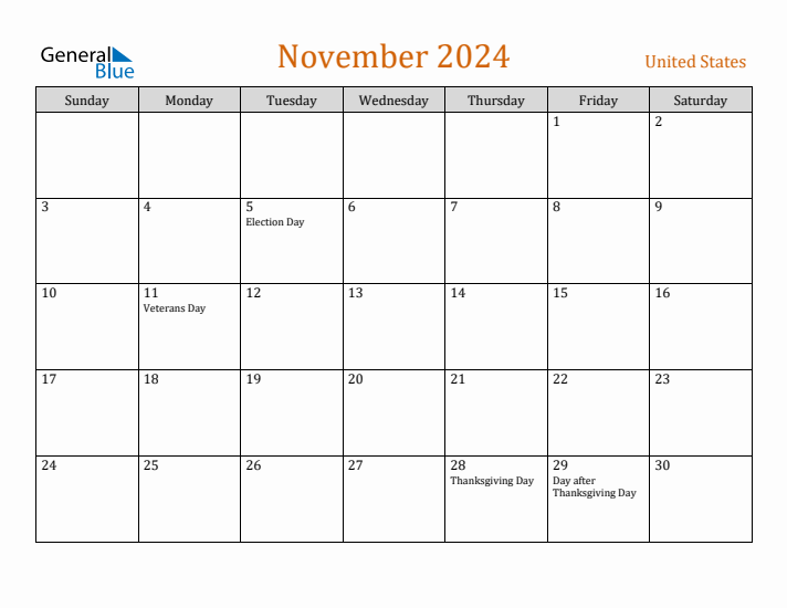 November 2024 Holiday Calendar with Sunday Start