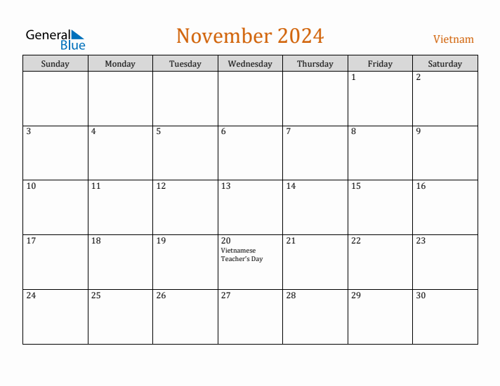 November 2024 Monthly Calendar with Vietnam Holidays