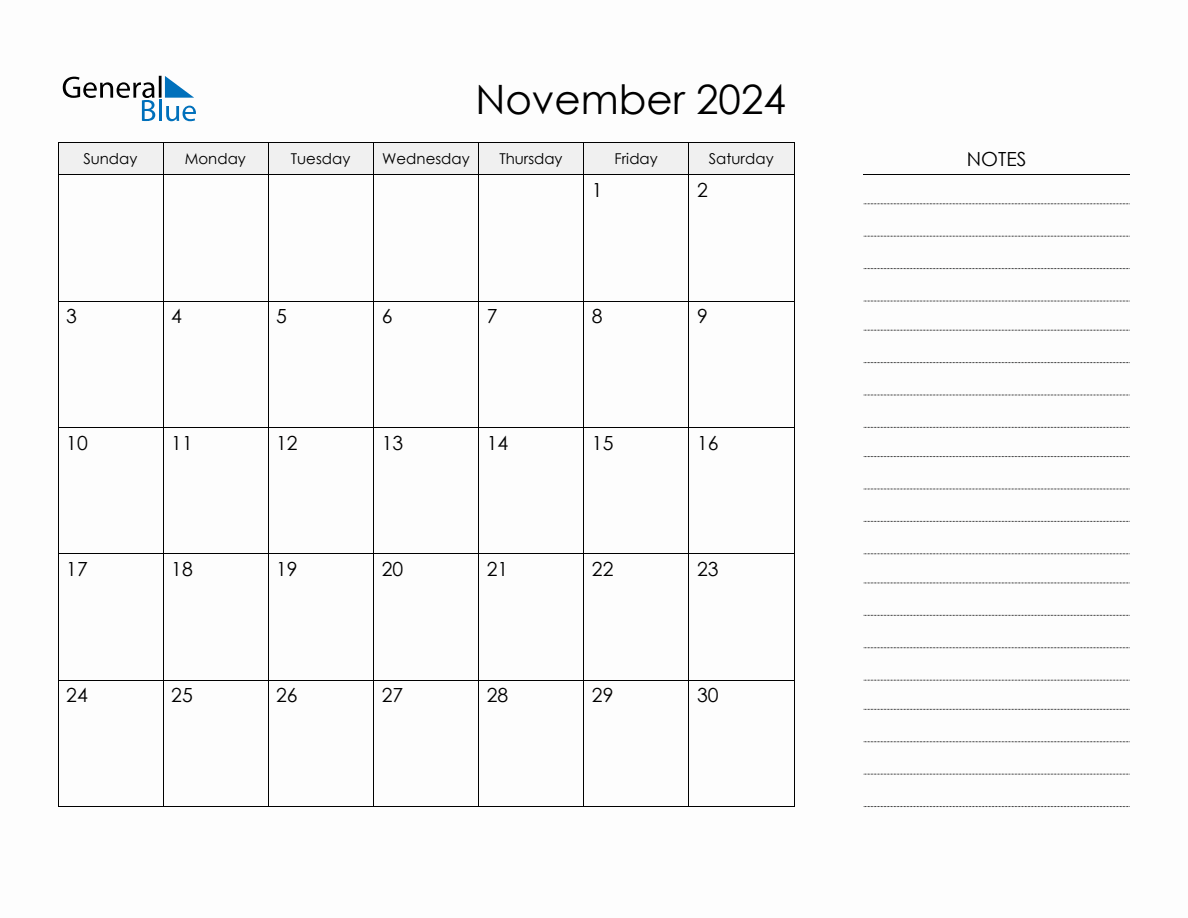 Printable Monthly Calendar with Notes November 2024