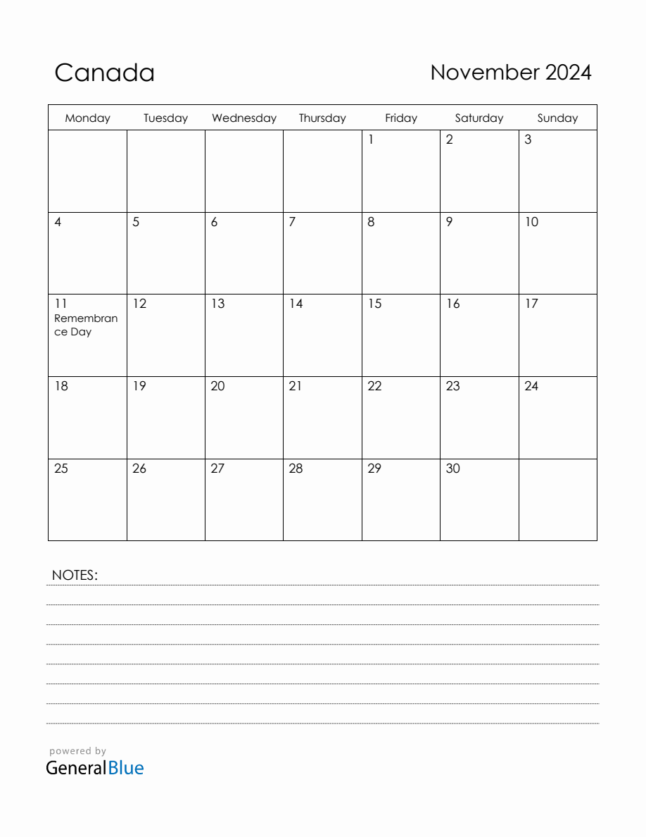 November 2024 Canada Calendar with Holidays
