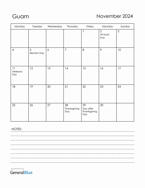 November 2024 Guam Calendar with Holidays (Monday Start)