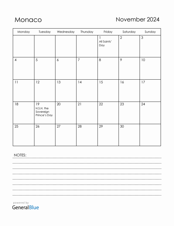 November 2024 Monaco Calendar with Holidays (Monday Start)