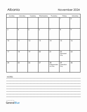 Current month calendar with Albania holidays for November 2024