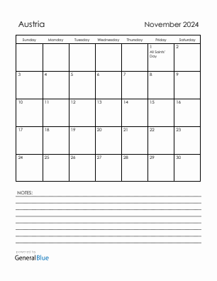 Current month calendar with Austria holidays for November 2024