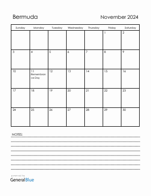 Current month calendar with Bermuda holidays for November 2024