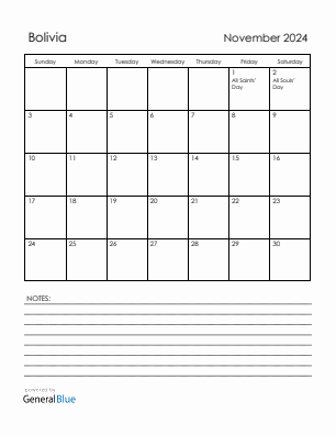 Current month calendar with Bolivia holidays for November 2024