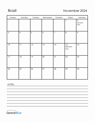 Current month calendar with Brazil holidays for November 2024
