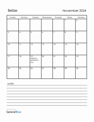 Current month calendar with Belize holidays for November 2024