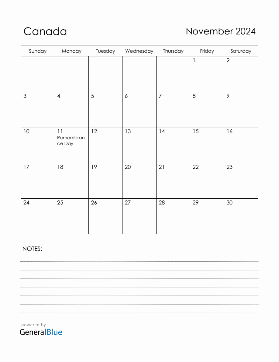 November 2024 Canada Calendar With Holidays   2024 11 November Calendar Plain Notes Portrait Sunday Start En Ca 918x1188 