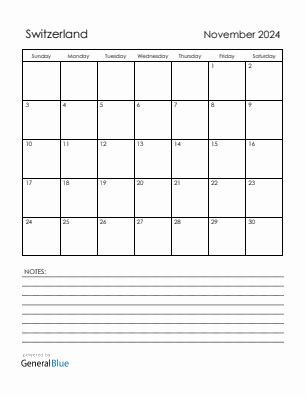 Current month calendar with Switzerland holidays for November 2024