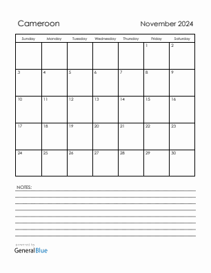 Current month calendar with Cameroon holidays for November 2024