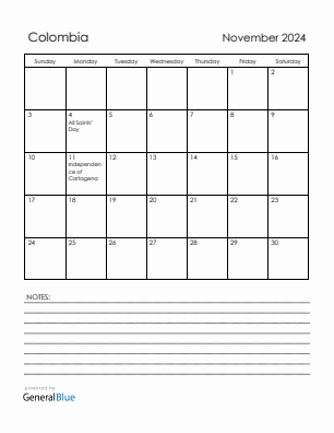 Current month calendar with Colombia holidays for November 2024