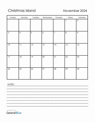 Current month calendar with Christmas Island holidays for November 2024