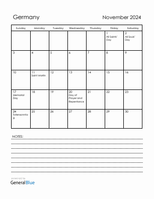 Current month calendar with Germany holidays for November 2024