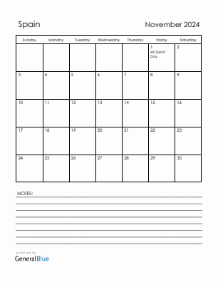 Current month calendar with Spain holidays for November 2024