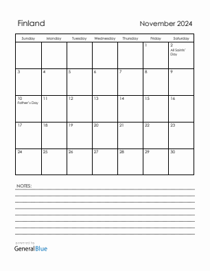 Current month calendar with Finland holidays for November 2024