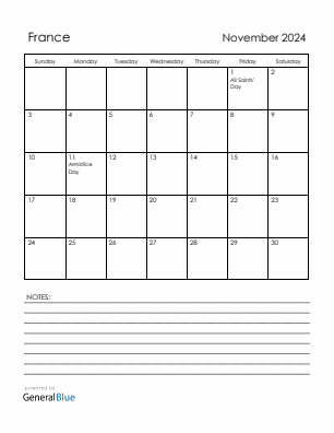 Current month calendar with France holidays for November 2024