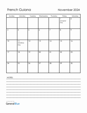 Current month calendar with French Guiana holidays for November 2024