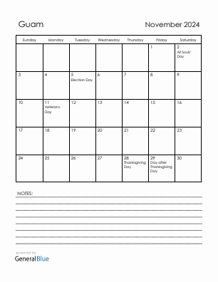 Current month calendar with Guam holidays for November 2024