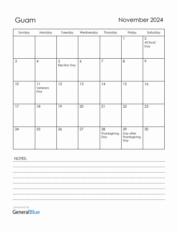 November 2024 Guam Calendar with Holidays (Sunday Start)