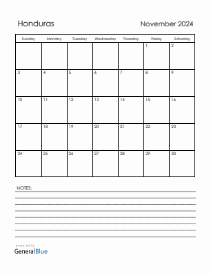 Current month calendar with Honduras holidays for November 2024